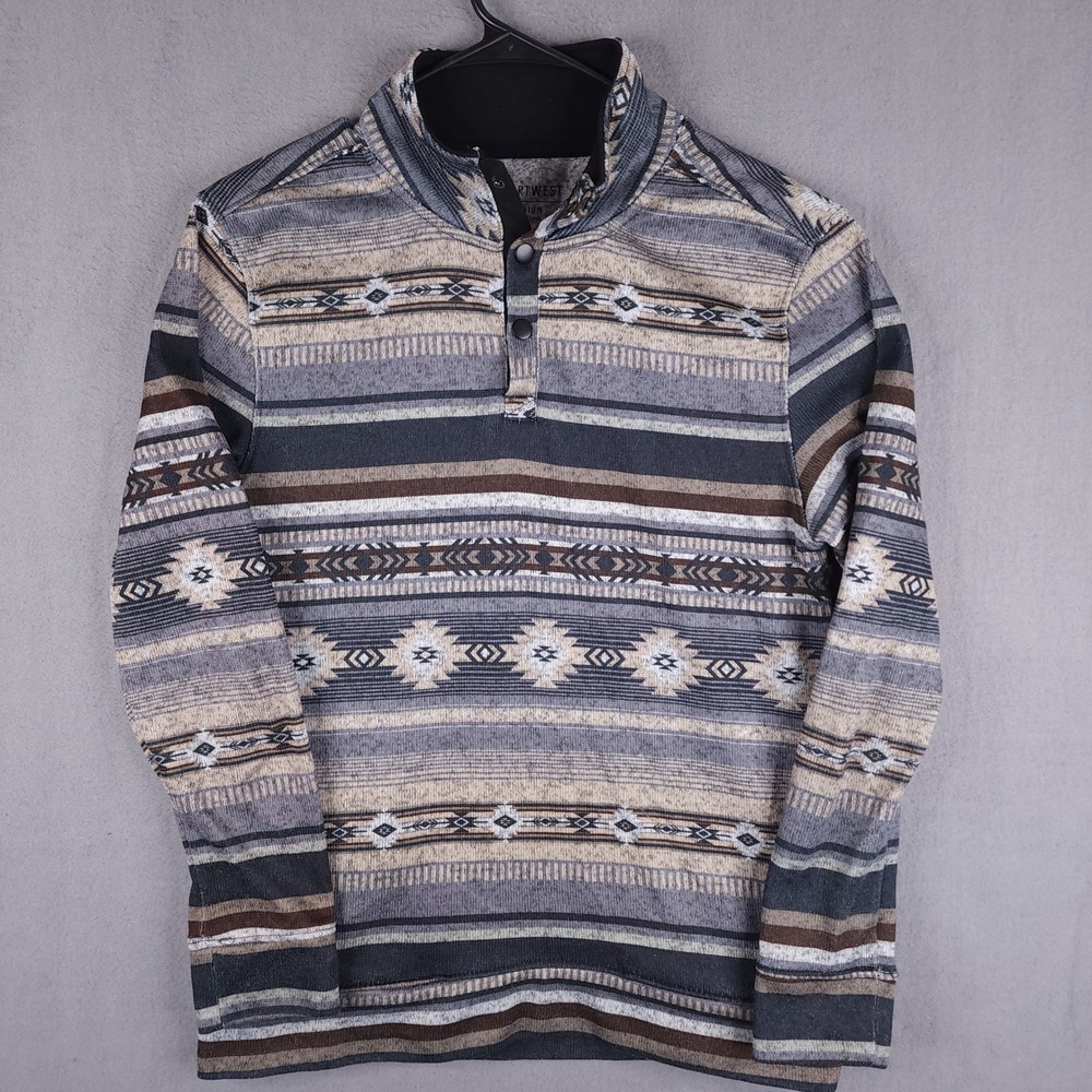 Departwest Fleece Pullover Mens Medium‎ Grey Southwestern Aztec Snap Mock Neck